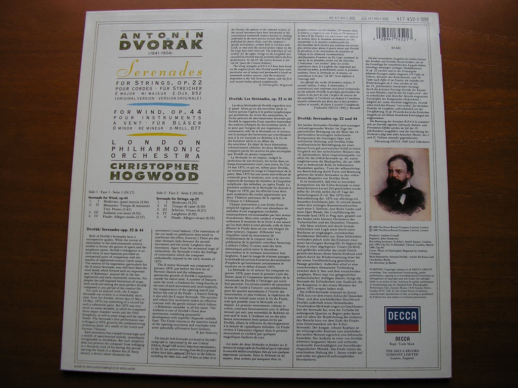 DVORAK: SERENADES Op. 22 for Strings / Op. 44 for Wind    HOGWOOD / LONDON PHILHARMONIC    417 452