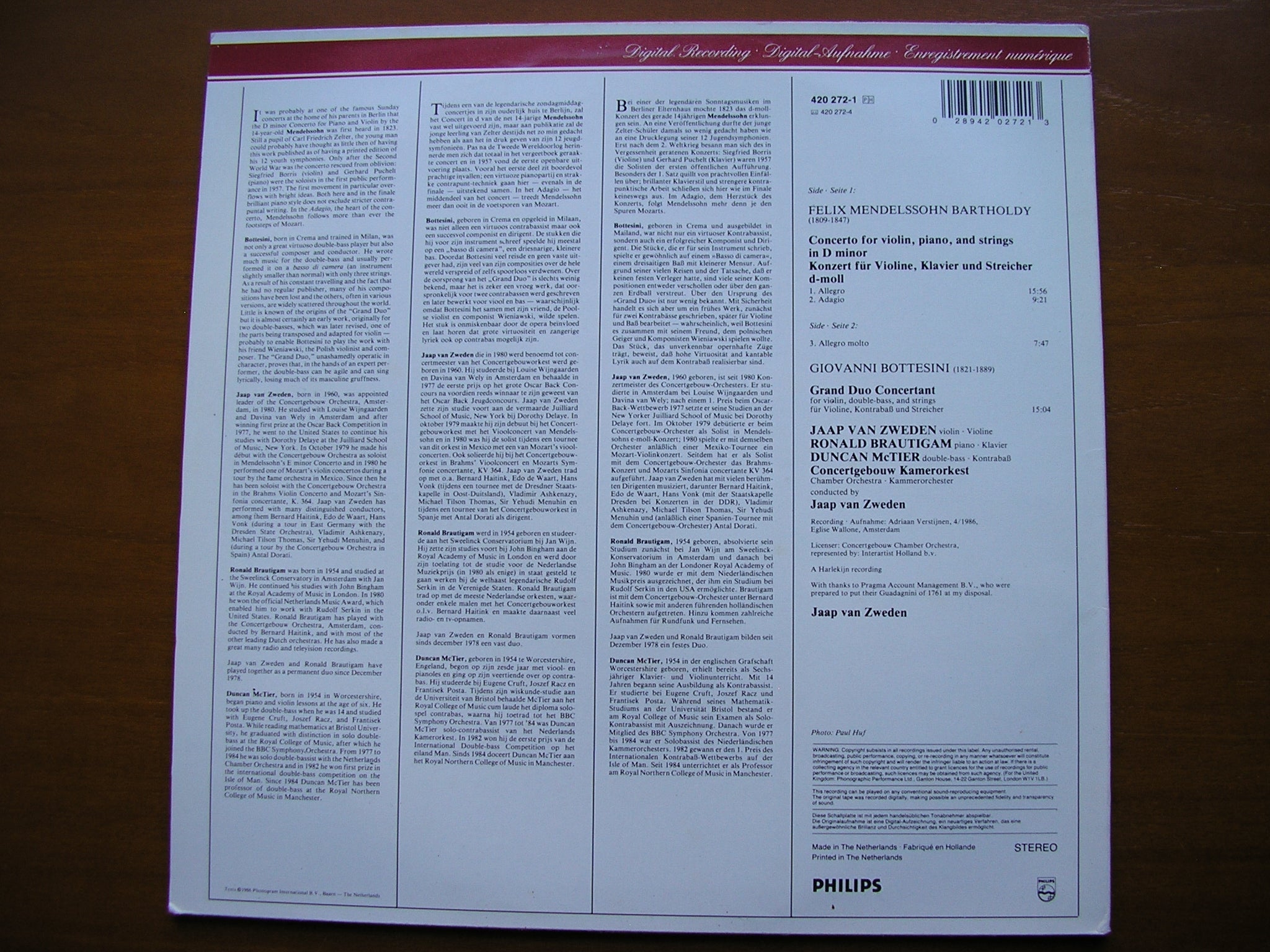 BOTTESINI: GRAND DUO CONCERTANT / MENDELSSOHN: CONCERTO FOR VIOLIN, PIANO & STRINGS     SOLOISTS / CONCERTGEBOUW CHAMBER ORCHESTRA