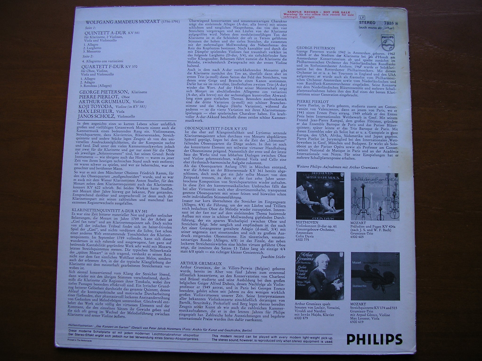 MOZART: CLARINET QUINTET K581 / OBOE QUARTET K370      GRUMIAUX / PIETERSON / PIERLOT      6500 924