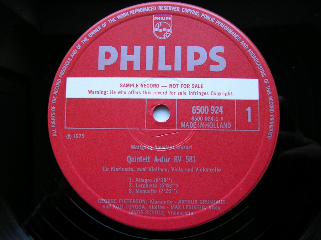 MOZART: CLARINET QUINTET K581 / OBOE QUARTET K370      GRUMIAUX / PIETERSON / PIERLOT      6500 924