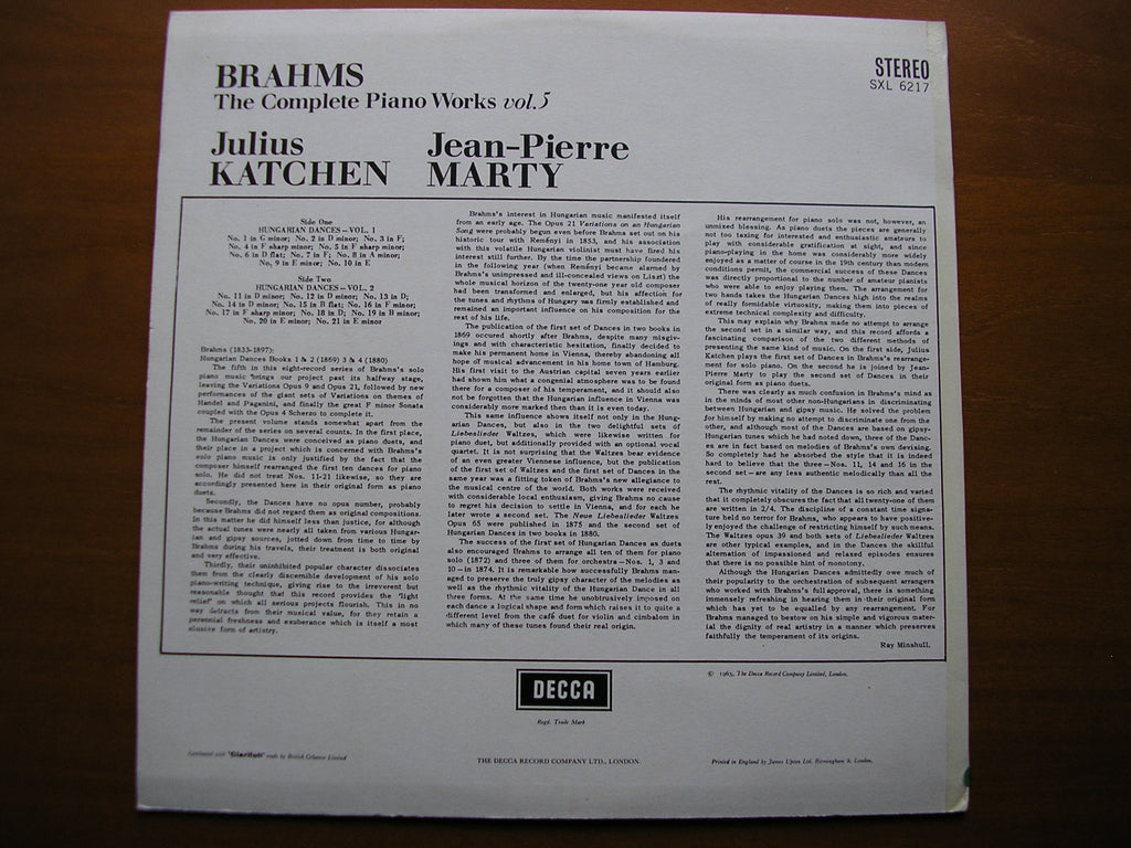 SXL 6217  BRAHMS: COMPLETE PIANO WORKS  Volume 5       JULIUS KATCHEN      ED2