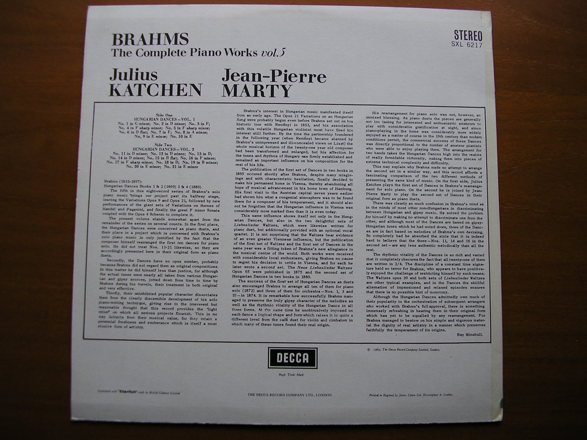 SXL 6217  BRAHMS: COMPLETE PIANO WORKS  Volume 5       JULIUS KATCHEN      ED2