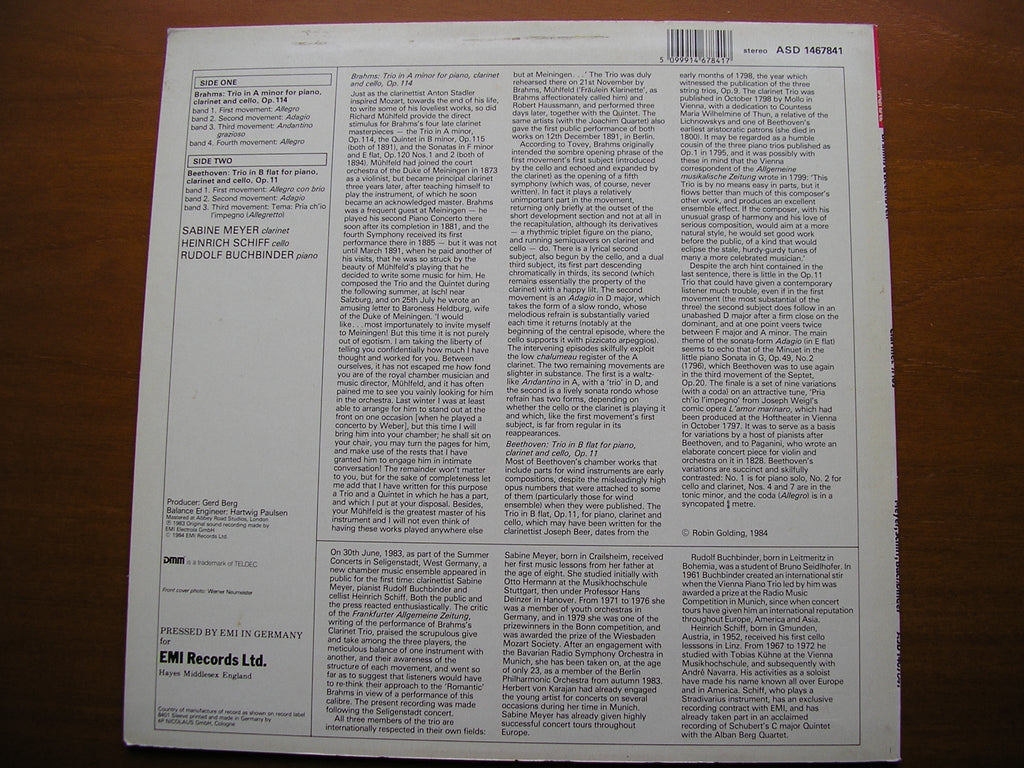 BRAHMS: CLARINET TRIO in A / BEETHOVEN: CLARINET TRIO in B      MEYER / SCHIFF / BUCHBINDER     ASD 1467841