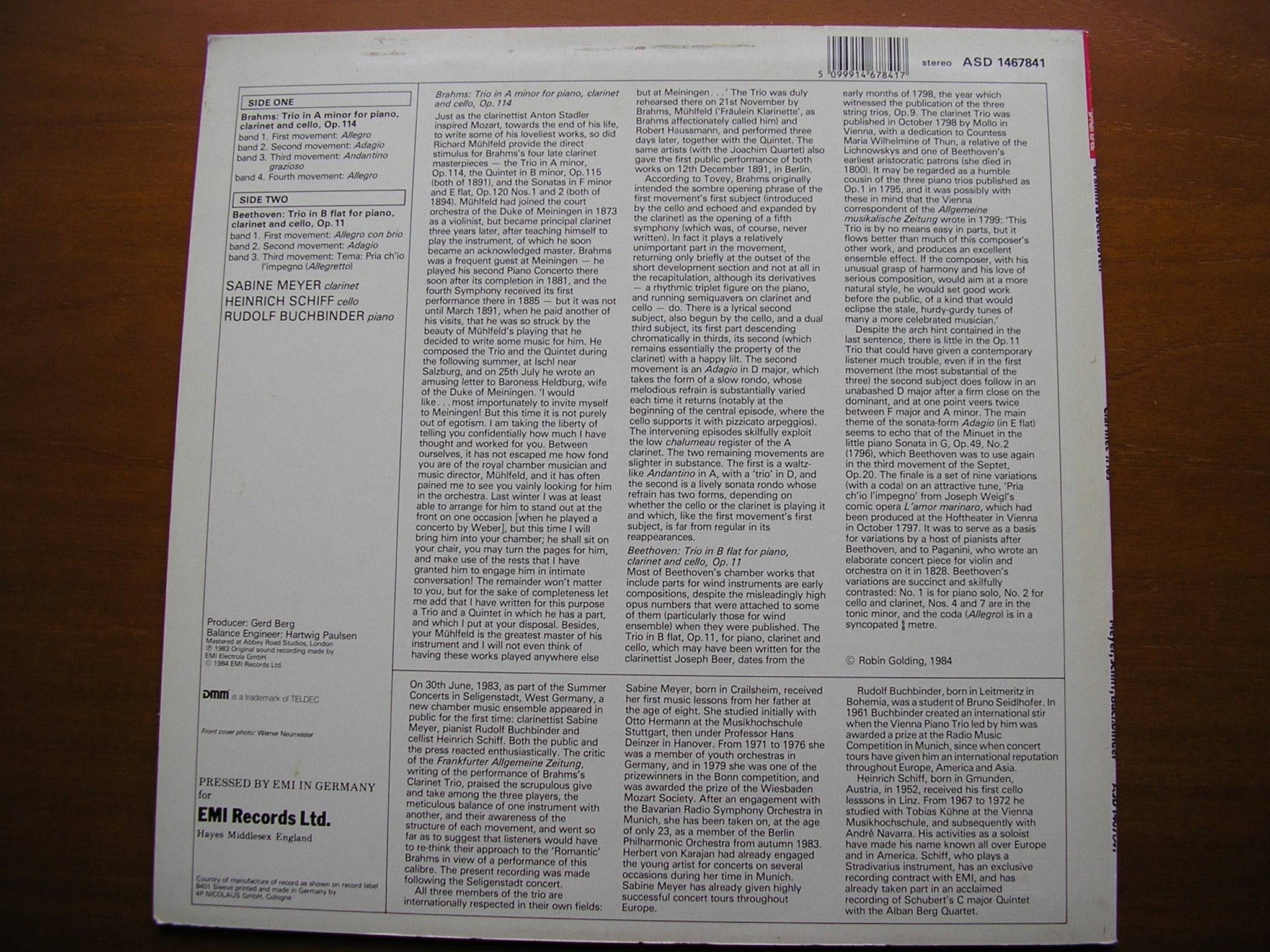 BRAHMS: CLARINET TRIO in A / BEETHOVEN: CLARINET TRIO in B      MEYER / SCHIFF / BUCHBINDER     ASD 1467841