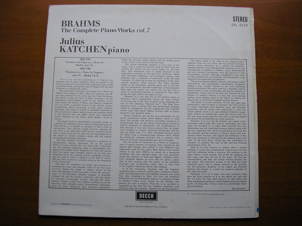 SXL 6218  BRAHMS: COMPLETE PIANO WORKS  Volume 7     JULIUS KATCHEN     ED1