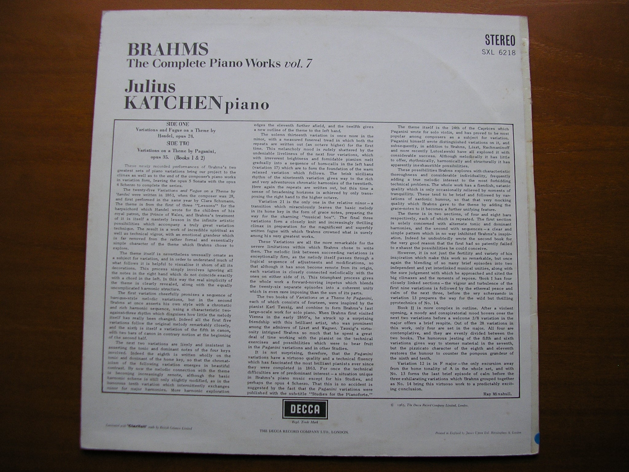 SXL 6218  BRAHMS: COMPLETE PIANO WORKS  Volume 7     JULIUS KATCHEN     ED1