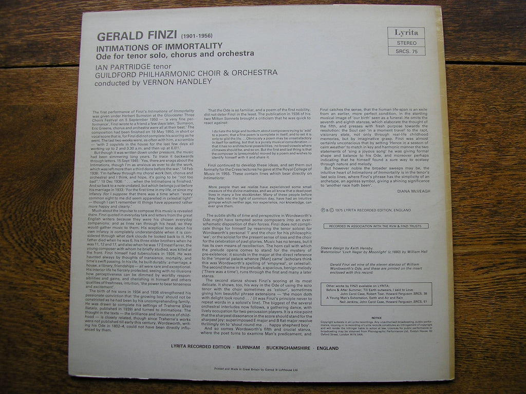 FINZI: INTIMATIONS OF IMMORTALITY   PARTRIDGE / GUILDFORD PHILHARMONIC / HANDLEY   SRCS 75