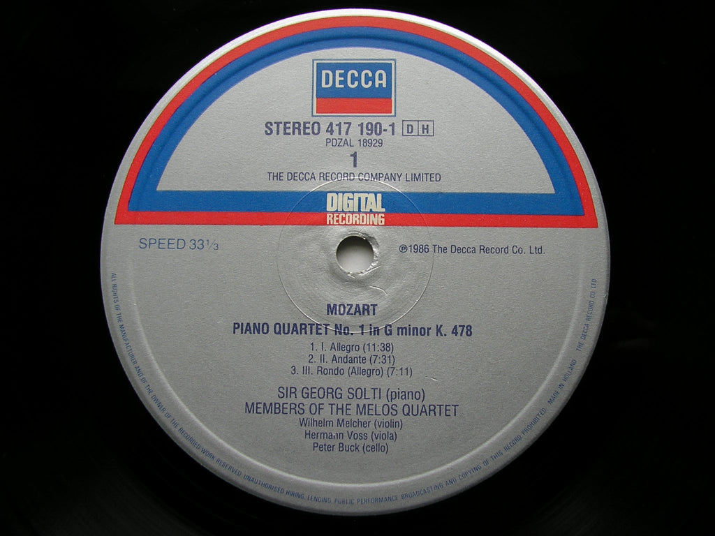 MOZART: PIANO QUARTETS  K478  &  K 493        MELOS QUARTET / SIR GEORG SOLTI     417 190