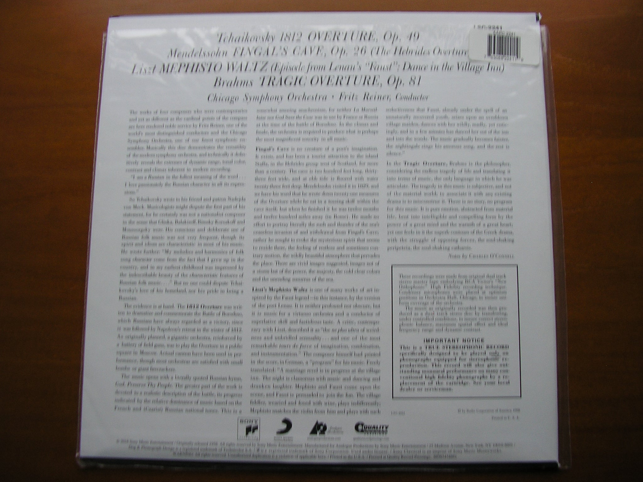 TCHAIKOVSKY: 1812 / LISZT: MEPHISTO WALTZ / BRAHMS: TRAGIC OVERTURE / MENDELSSOHN: FINGAL'S CAVE      REINER / CHICAGO SYMPHONY     LSC 2241