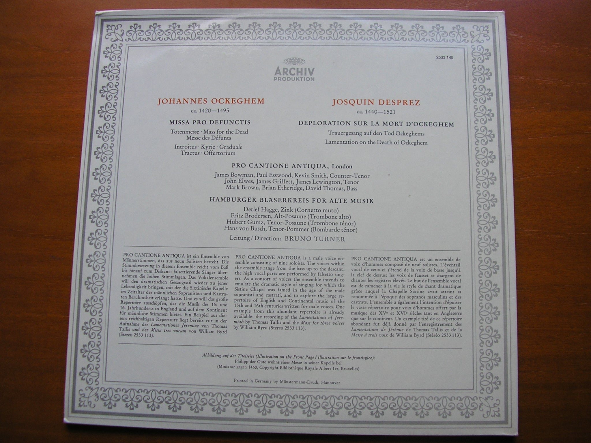 JOSQUIN: DEPLORATION SUR LA MORT D'OCKEGHEM / OCKEGHEM: MISSA PRO DEFUNCTIS     PRO CANTIONE ANTIQUA / TURNER      2533 145