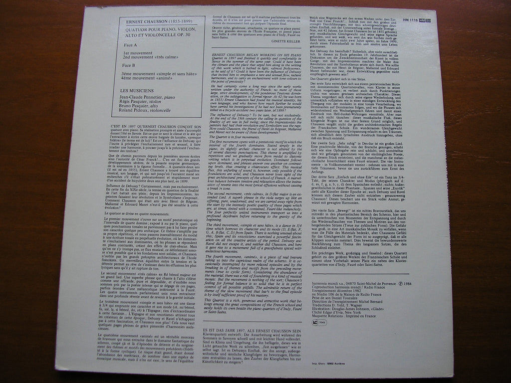 CHAUSSON: PIANO QUARTET Op. 30   LES MUSICIENS     HM 1116