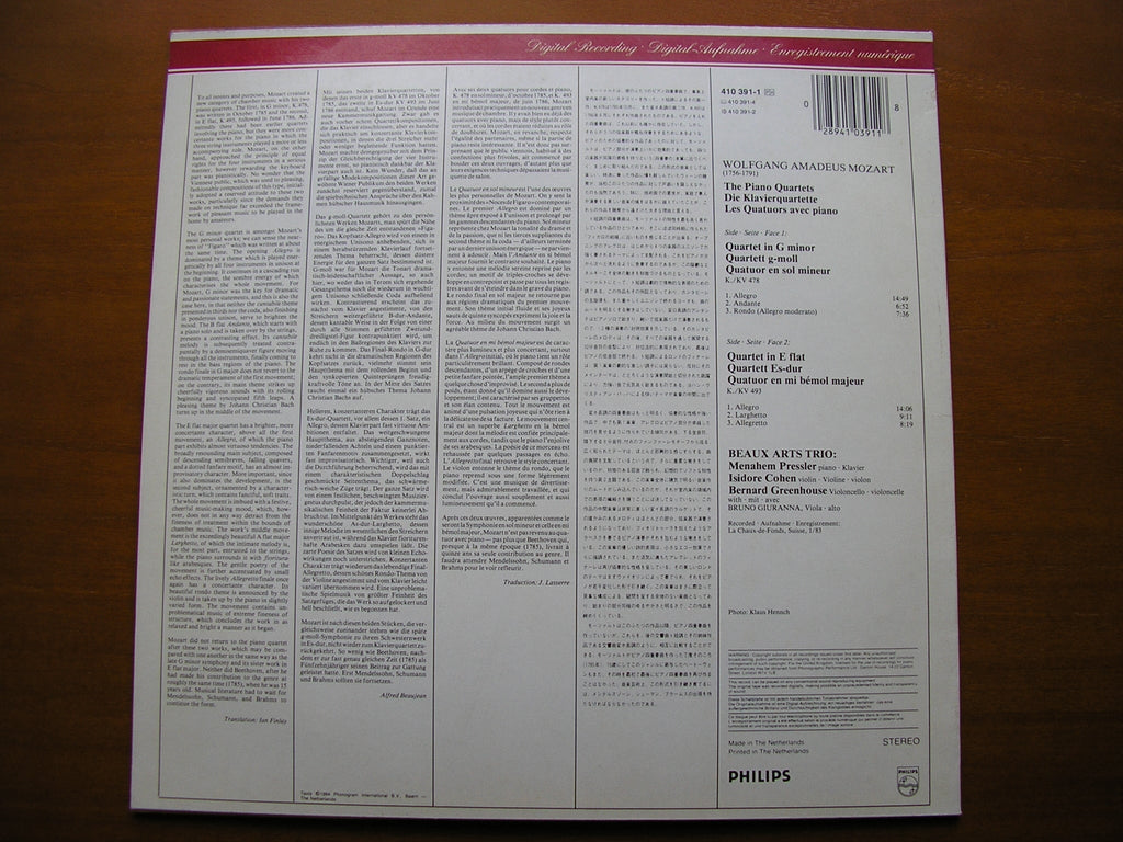 MOZART: PIANO QUARTETS K478 in G / K493 in E      GIURANNA / THE BEAUX ARTS TRIO    410 391