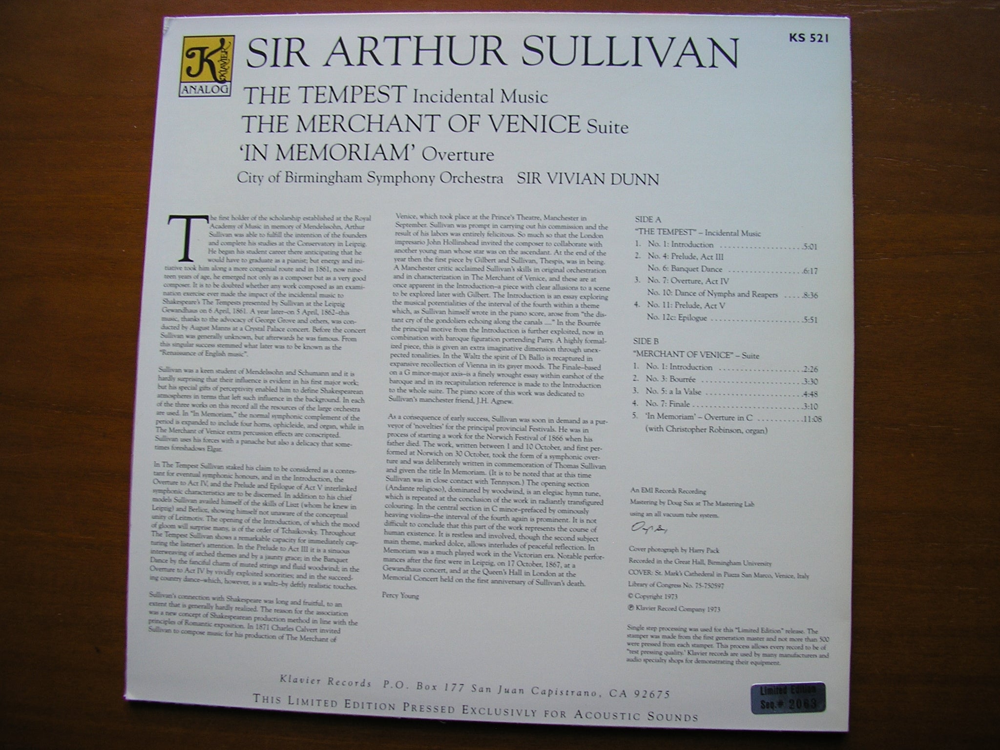 SULLIVAN: THE MERCHANT OF VENICE / THE TEMPEST / IN MEMORIAM   DUNN / CITY OF BIRMINGHAM SYMPHONY   KS 521