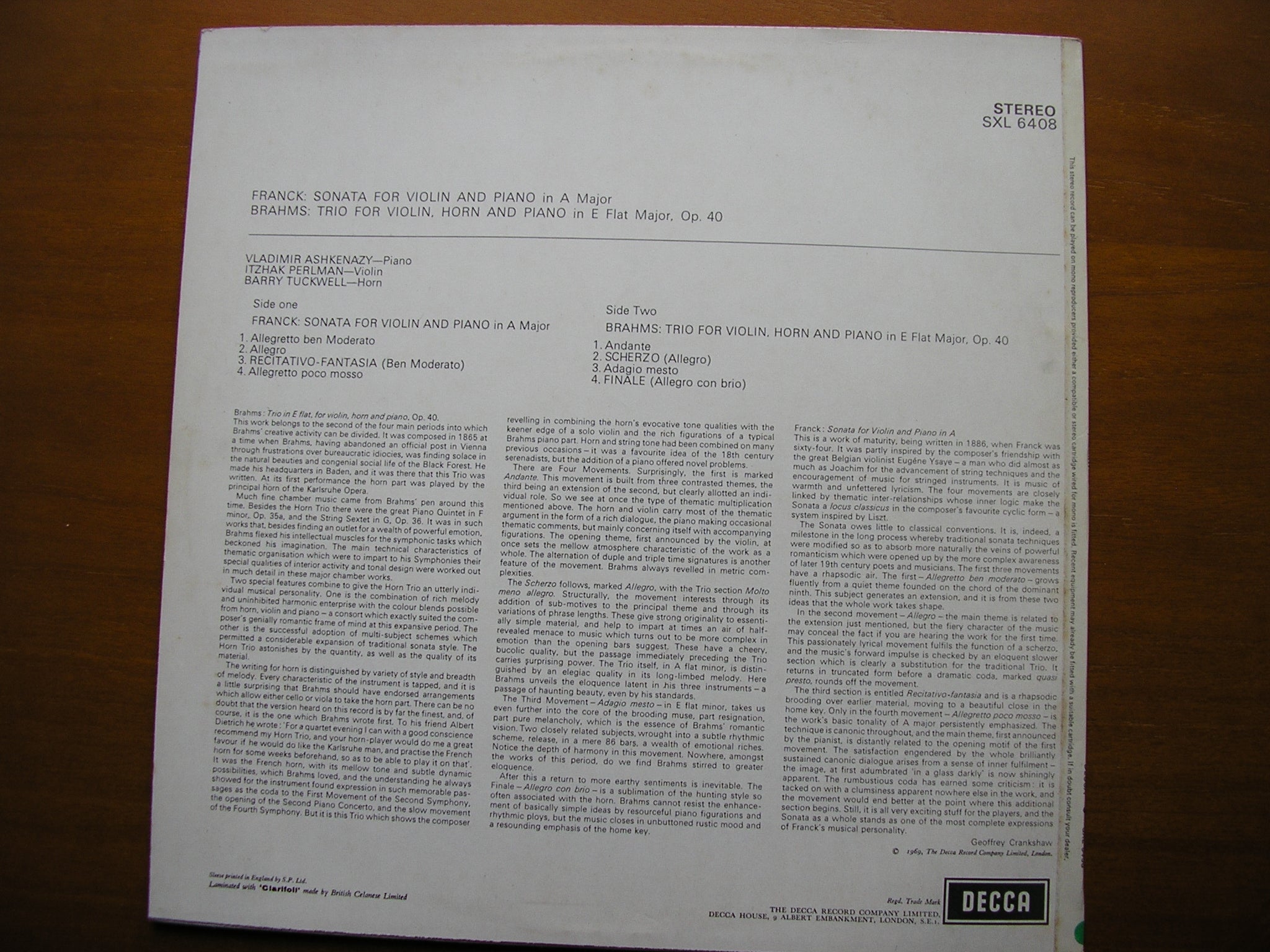 BRAHMS: HORN TRIO Op. 40 / FRANCK: SONATA FOR VIOLIN & PIANO    ASHKENAZY / TUCKWELL / PERLMAN    ED3     SXL 6408