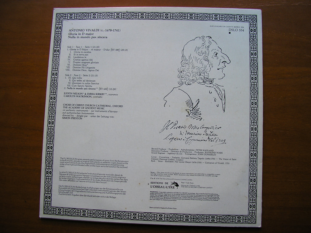 VIVALDI: GLORIA in D  RV589 / NULLA IN MUNDO  RV 630      SOLOISTS / ACADEMY OF ANCIENT MUSIC / PRESTON      DSLO 554