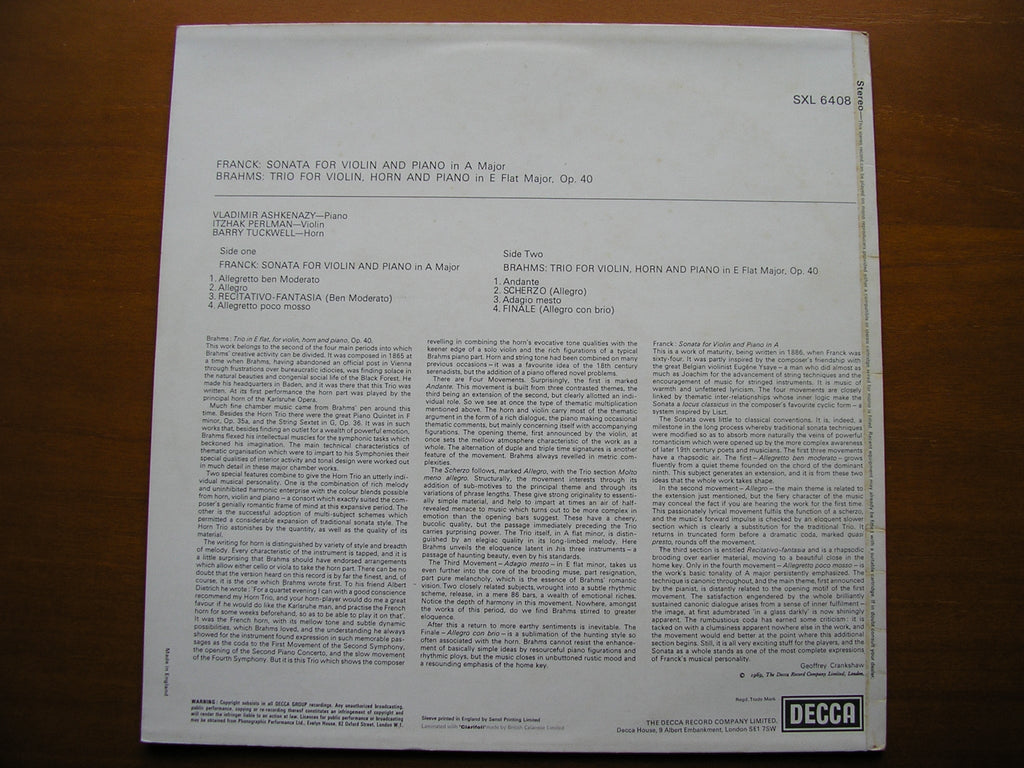 BRAHMS: HORN TRIO Op. 40 / FRANCK: SONATA FOR VIOLIN & PIANO     ASHKENAZY / TUCKWELL / PERLMAN      SXL 6408