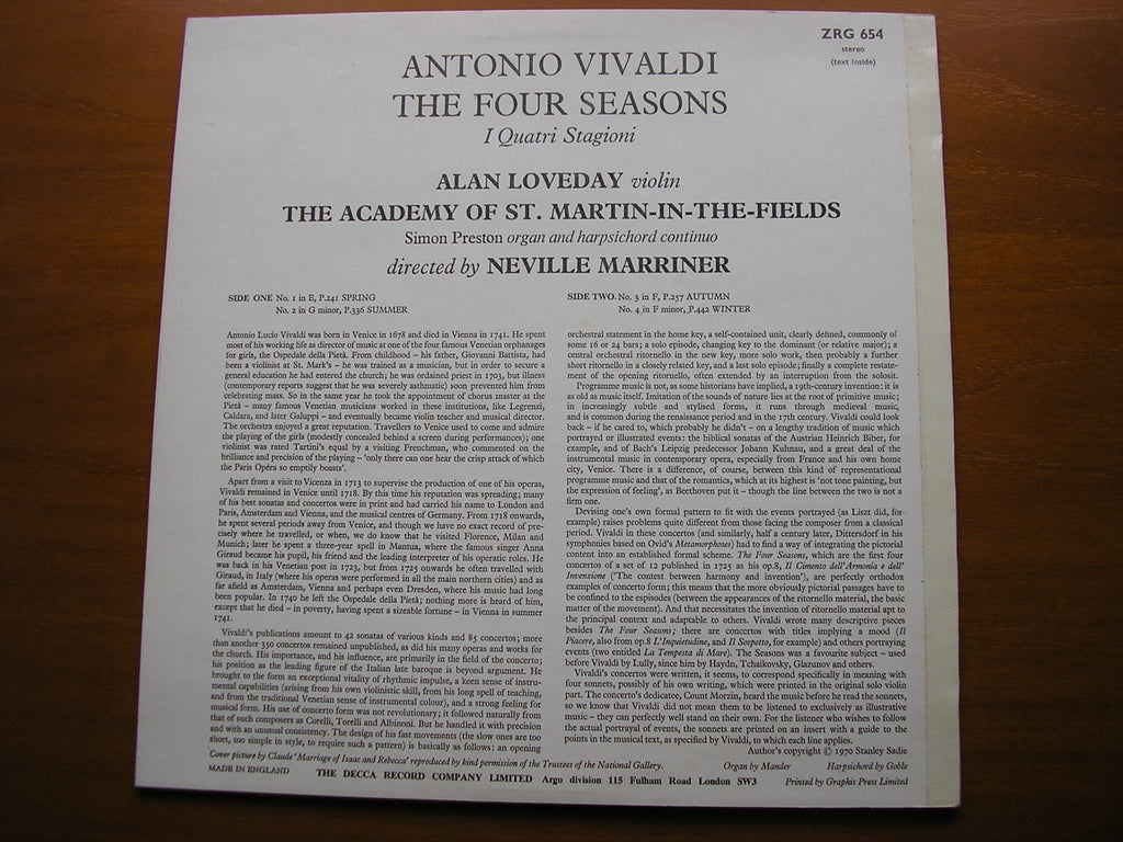 VIVALDI: THE FOUR SEASONS     LOVEDAY / ASMIF / MARRINER     ZRG 654