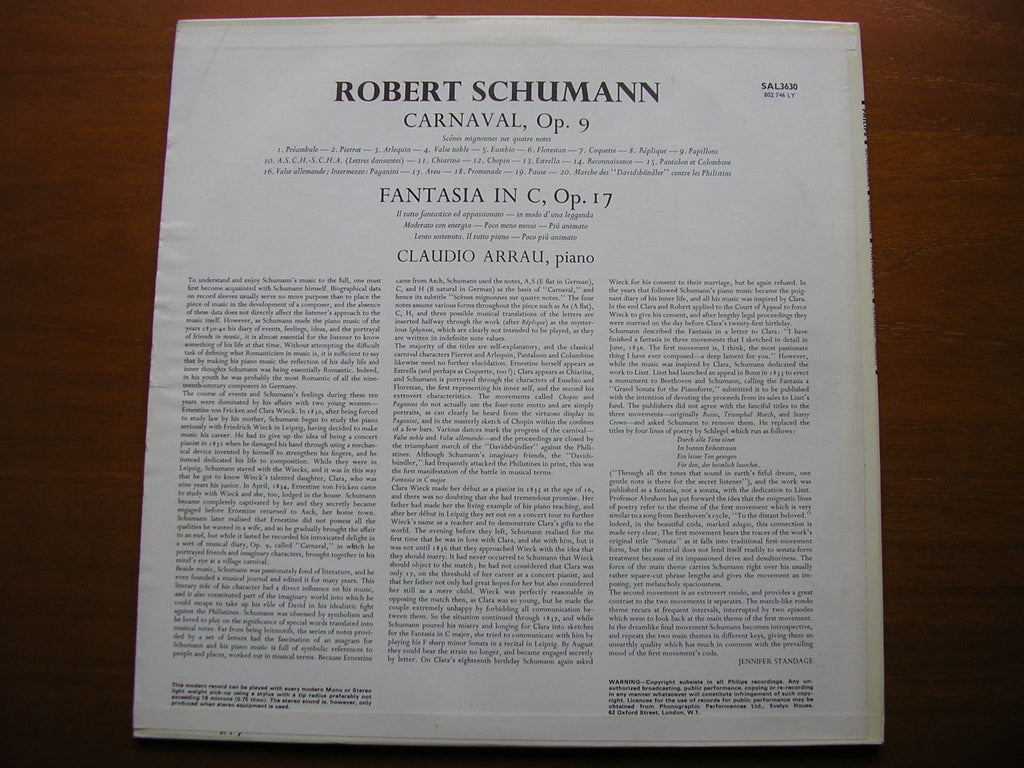 SCHUMANN: CARNAVAL Op. 9 / FANTASIA Op. 17      CLAUDIO ARRAU     SAL 3630