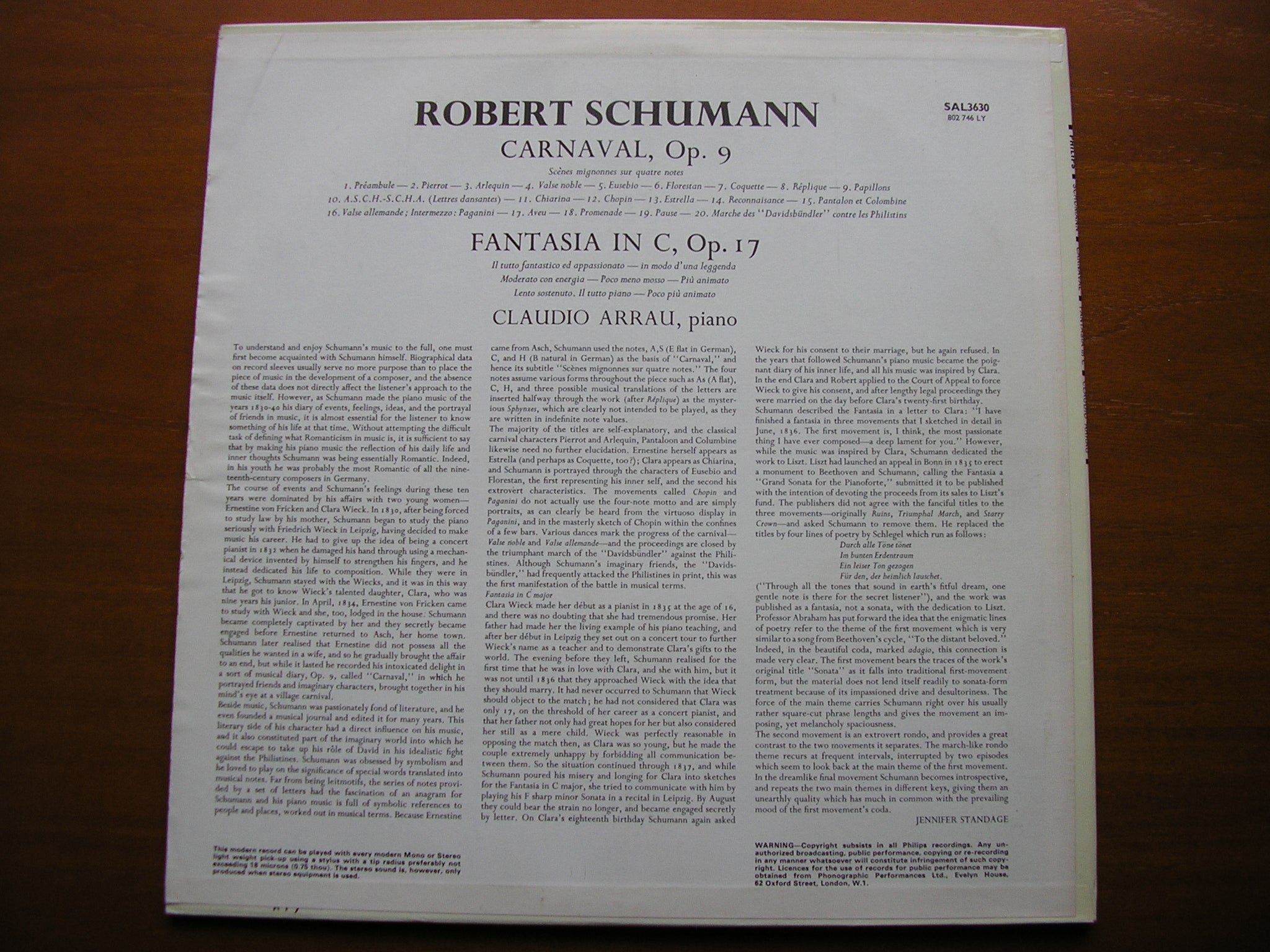 SCHUMANN: CARNAVAL Op. 9 / FANTASIA Op. 17      CLAUDIO ARRAU     SAL 3630