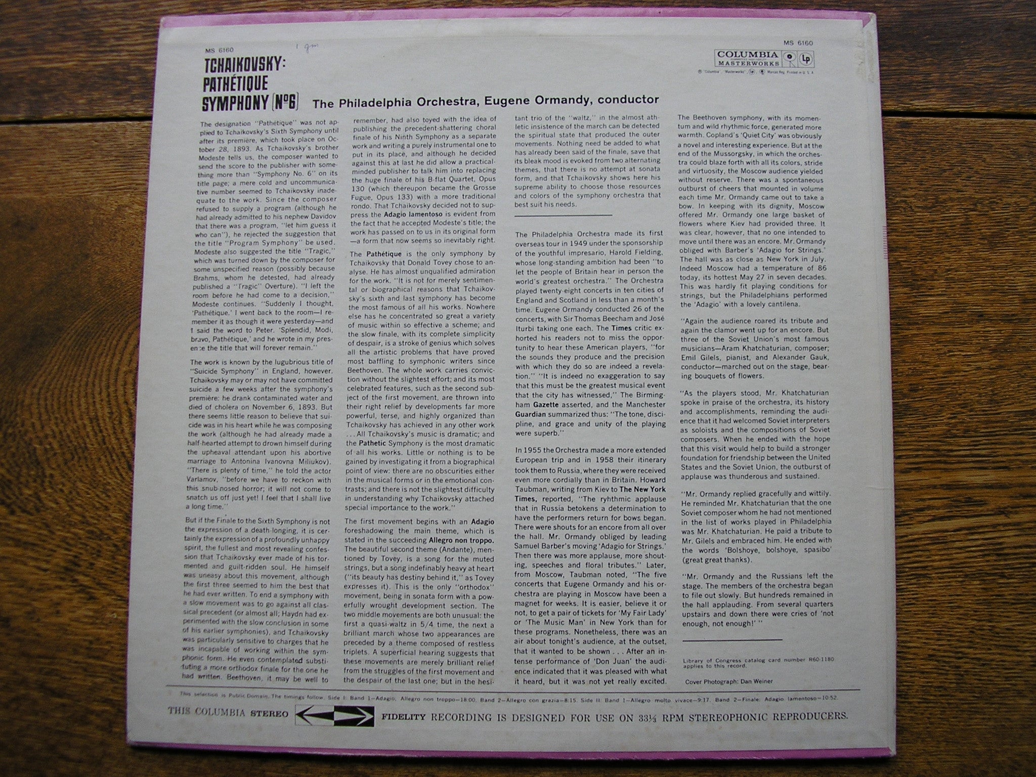 TCHAIKOVSKY: SYMPHONY No. 6 'Pathetique'   EUGENE ORMANDY / PHILADELPHIA   MS 6160