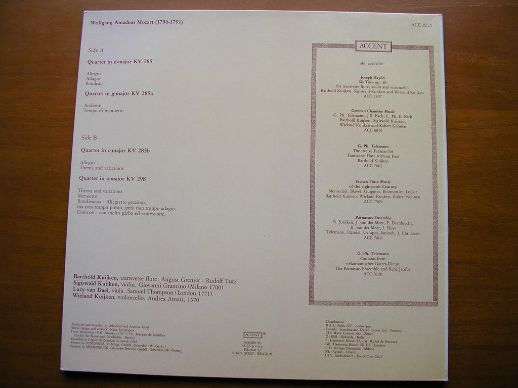 MOZART: FLUTE QUARTETS    KUIJKEN B / VAN DAEL / KUIJKEN W / KUIJKEN S     ACC 8225