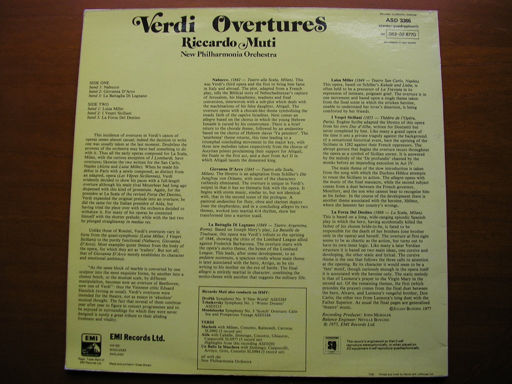 VERDI: SIX OVERTURES    RICCARDO MUTI / NEW PHILHARMONIA ORCHESTRA   ASD 3366