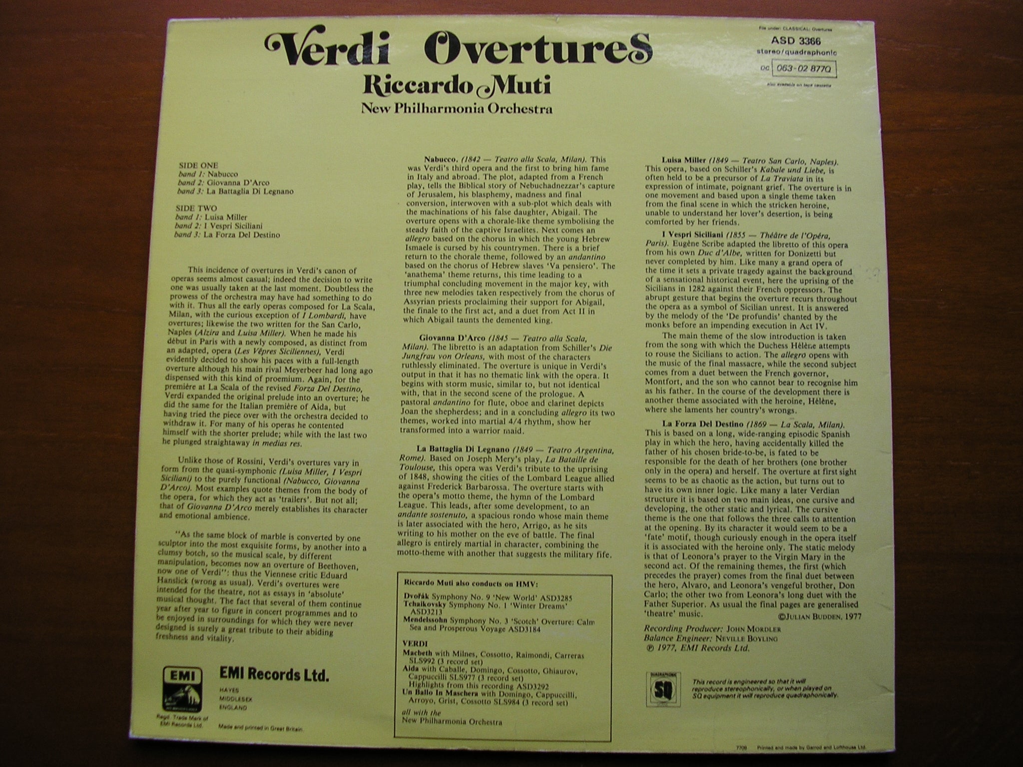 VERDI: SIX OVERTURES    RICCARDO MUTI / NEW PHILHARMONIA ORCHESTRA   ASD 3366