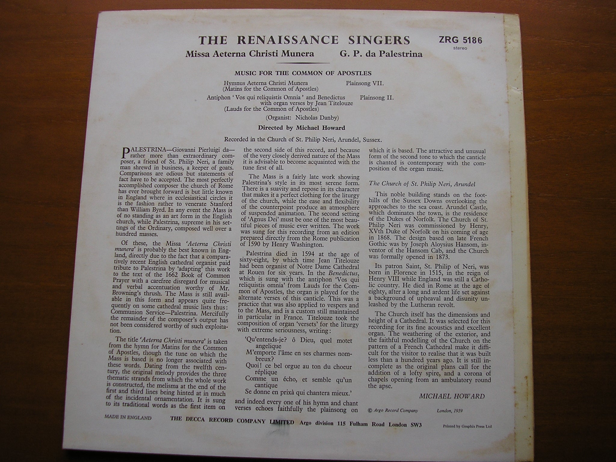 PALESTRINA: MISSA AETERNA CHRISTI MUNERA    THE RENAISSANCE SINGERS / HOWARD       ZRG 5186