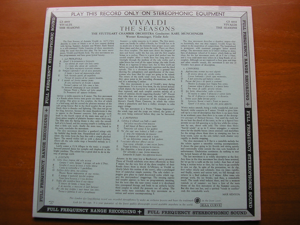 VIVALDI: THE FOUR SEASONS        KROTZINGER / STUTTGART CHAMBER ORCHESTRA / MUNCHINGER     CS 6044