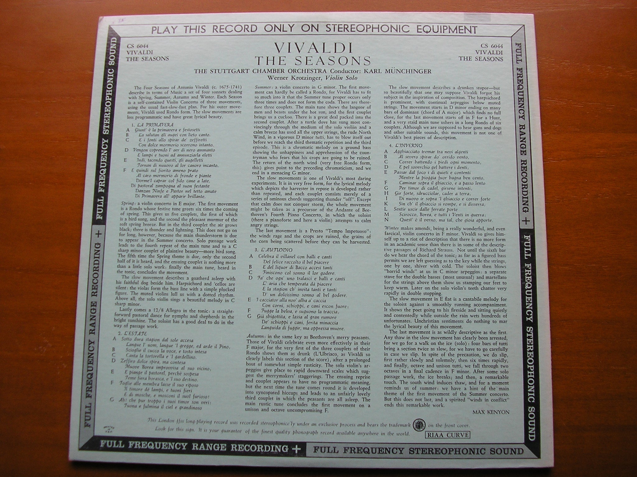 VIVALDI: THE FOUR SEASONS        KROTZINGER / STUTTGART CHAMBER ORCHESTRA / MUNCHINGER     CS 6044