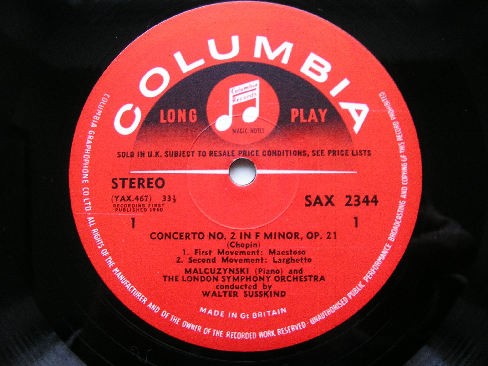 CHOPIN: PIANO CONCERTO No. 2 / FANTAISIE in F    MALCUZYNSKI / LONDON SYMPHONY / SUSSKIND      SAX 2344