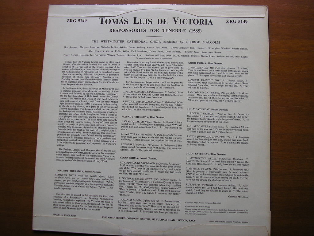 VICTORIA: RESPONSORIES FOR TENEBRAE    WESTMINSTER CATHEDRAL CHOIR / MALCOLM    ZRG 5149