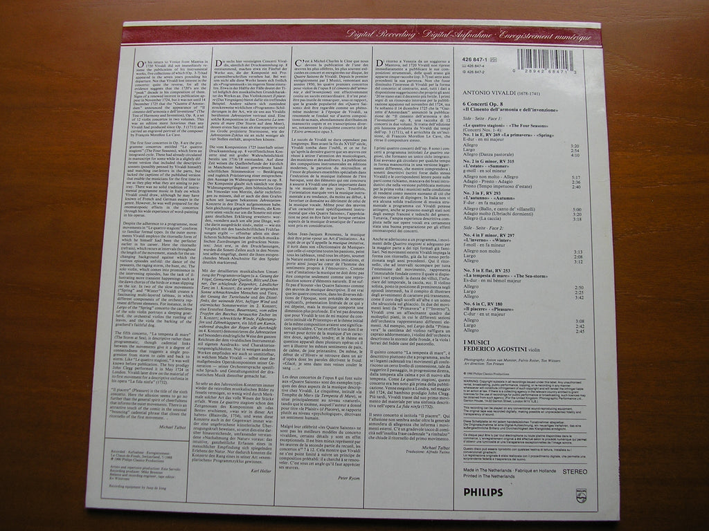 VIVALDI: THE FOUR SEASONS      AGOSTINI / I MUSICI      426 847