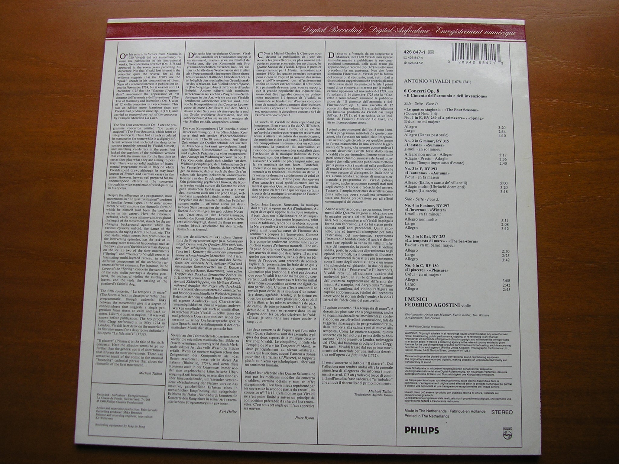 VIVALDI: THE FOUR SEASONS      AGOSTINI / I MUSICI      426 847