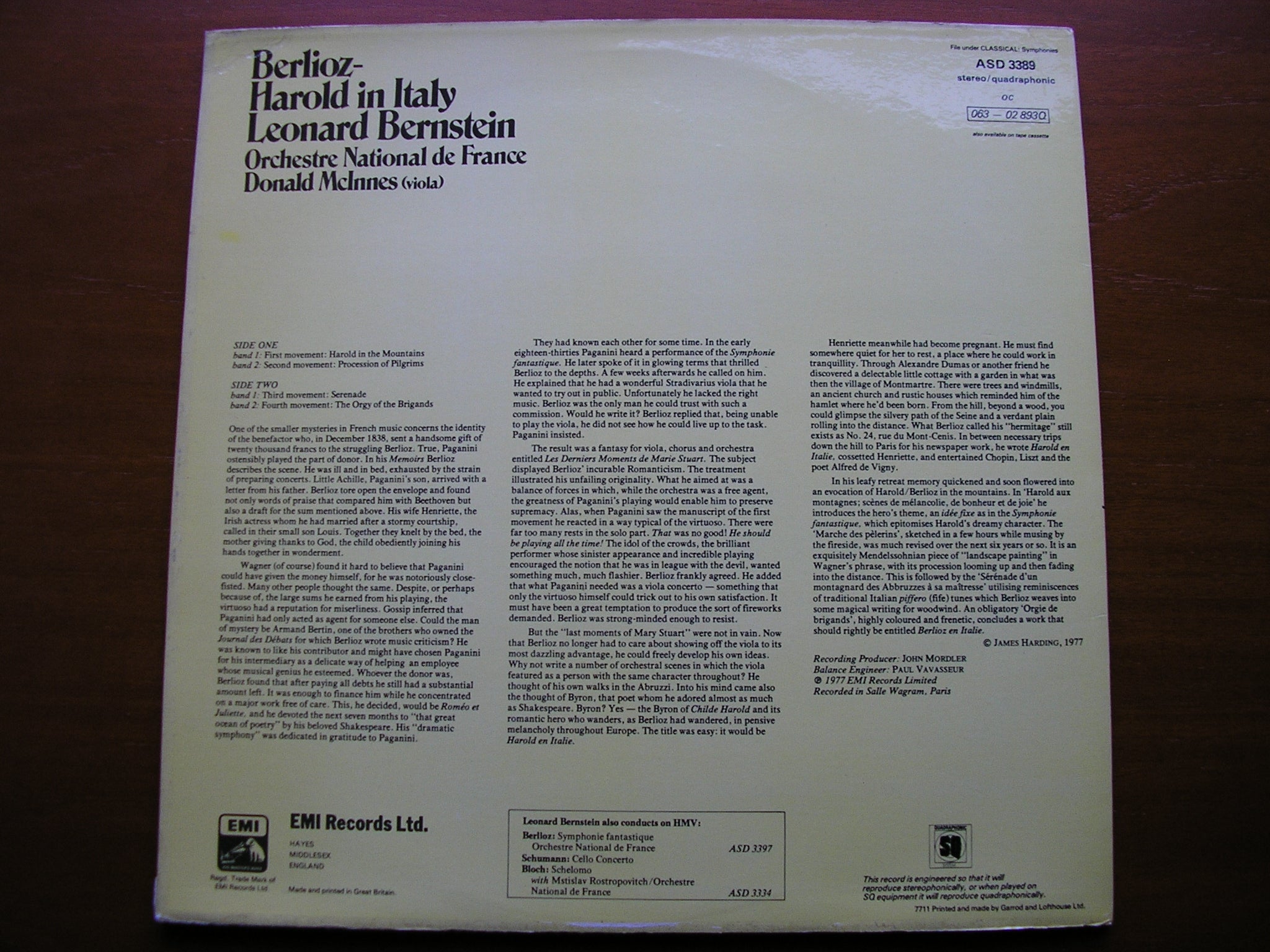 BERLIOZ: HAROLD IN ITALY   McINNES / FRENCH NATIONAL ORCHESTRA / LEONARD BERNSTEIN   ASD 3389