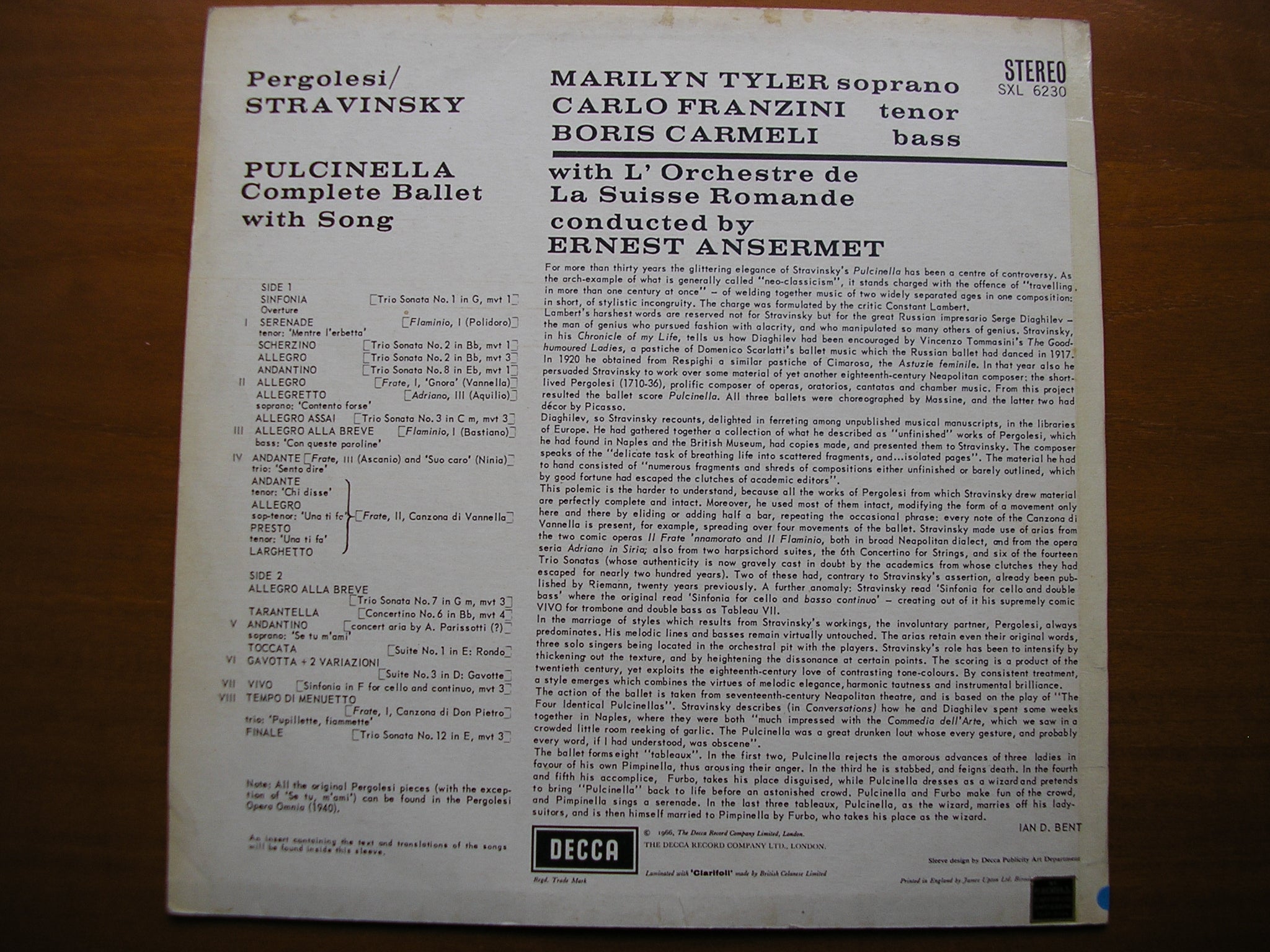 SXL 6230  STRAVINSKY: PULCINELLA  complete ballet  SOLOISTS / SUISSE ROMANDE / ANSERMET    ED1