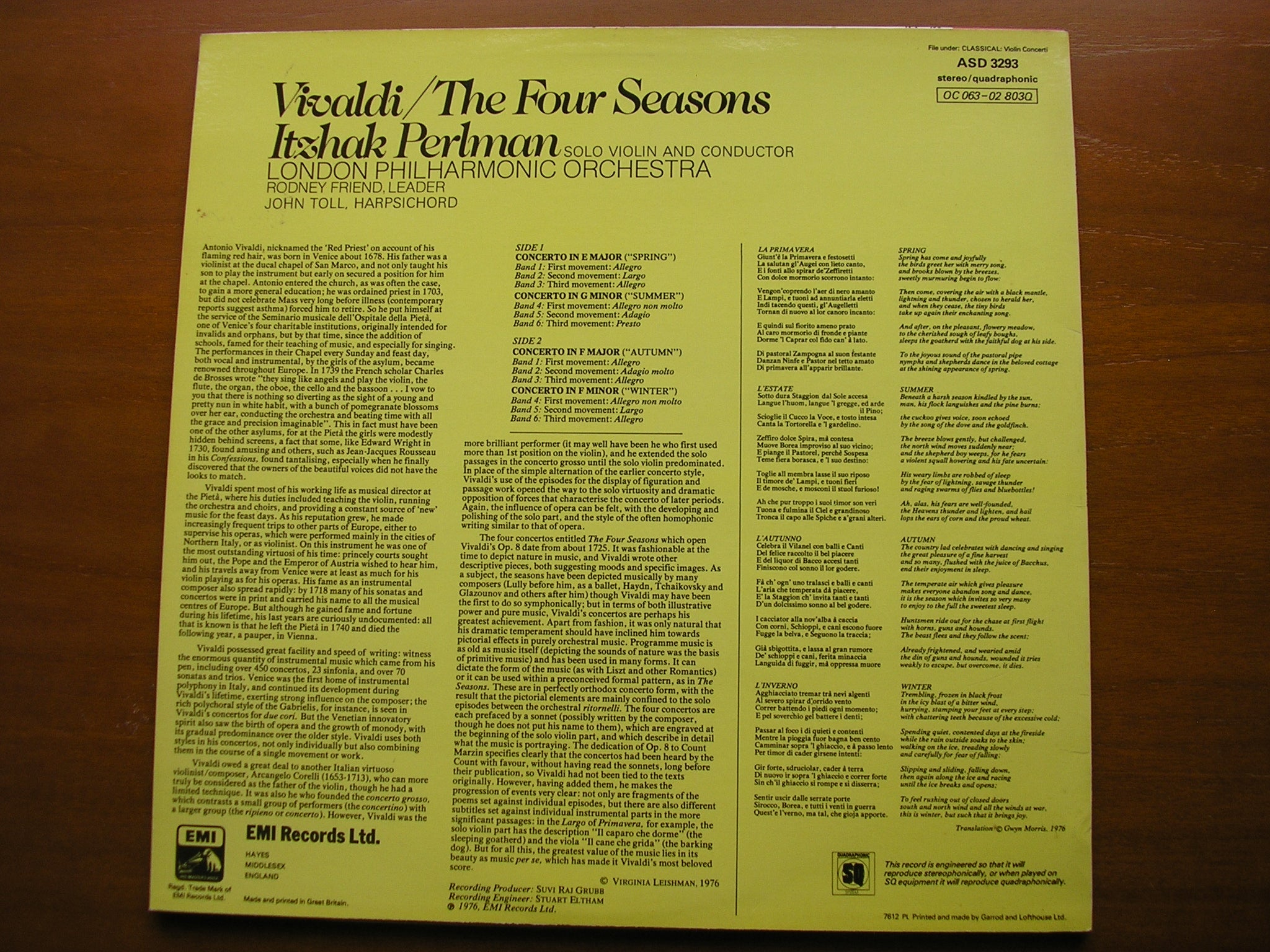 VIVALDI: THE FOUR SEASONS      PERLMAN / LONDON PHILHARMONIC ORCHESTRA     ASD 3293