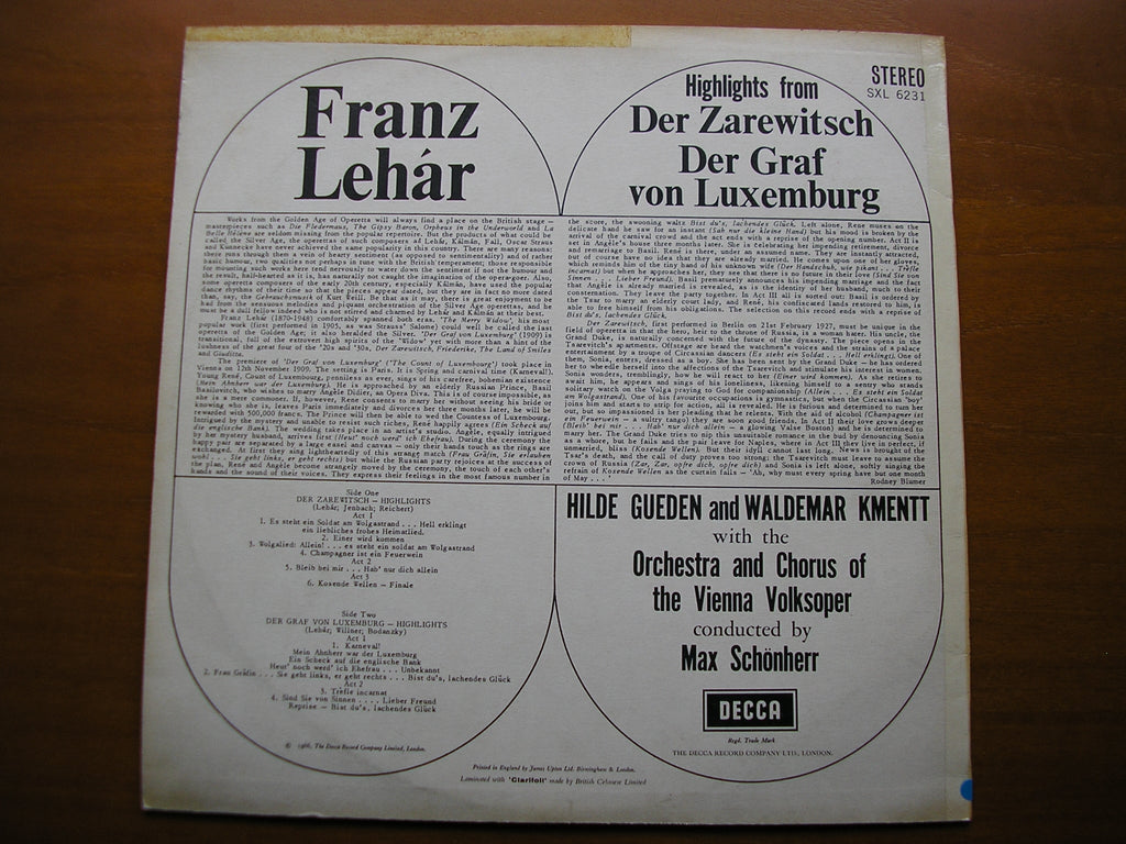 SXL 6231  LEHAR: Highlights from DER GRAF VON LUXEMBURG / DER ZAREWITSCH     SOLOISTS / VIENNA VOLKSOPER / SCHONHERR     ED1