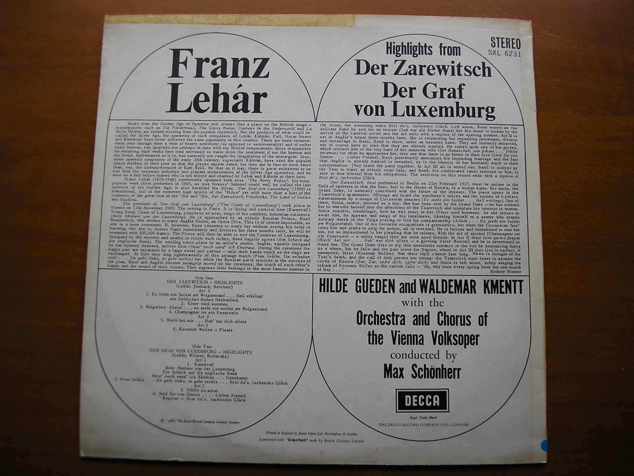 SXL 6231  LEHAR: Highlights from DER GRAF VON LUXEMBURG / DER ZAREWITSCH     SOLOISTS / VIENNA VOLKSOPER / SCHONHERR     ED1