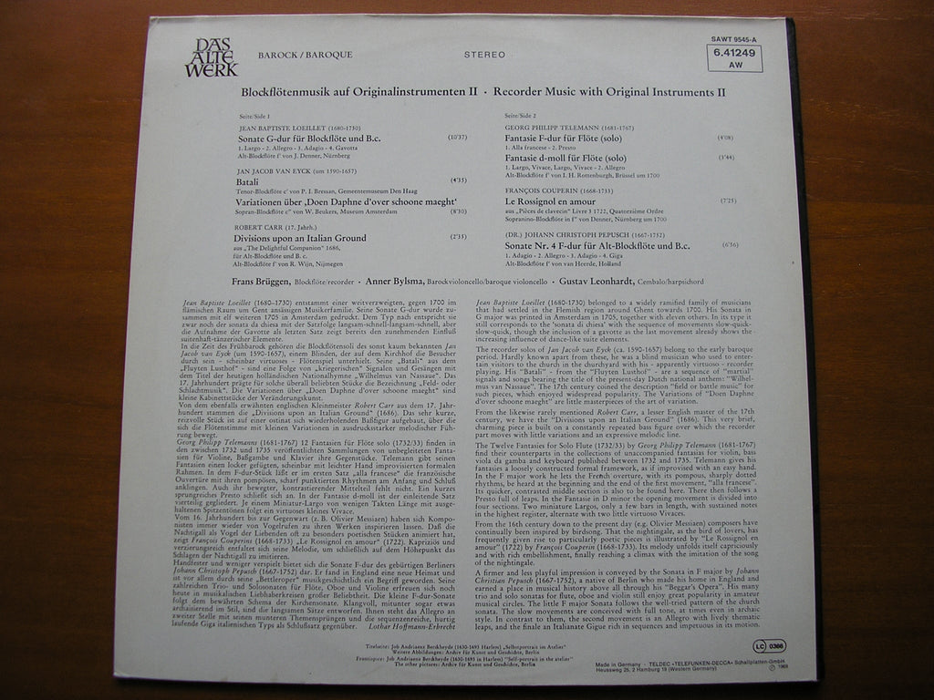 TELEMANN / LOEILLET / VAN EYCK / CARR / COUPERIN / PEPUSCH: MUSIC FOR RECORDER      BRUGGEN / BYLSMA / LEONHARDT     6.41249