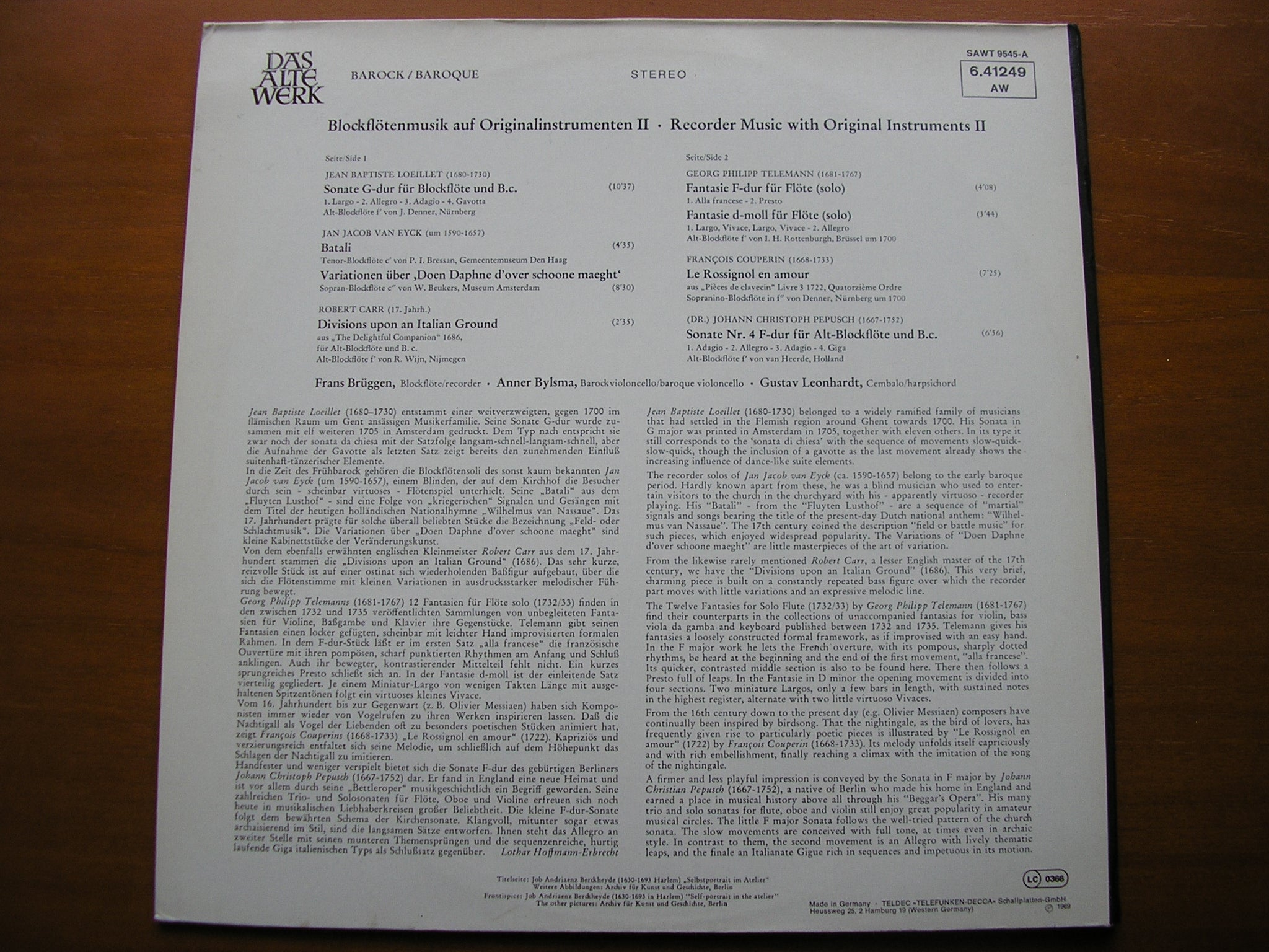 TELEMANN / LOEILLET / VAN EYCK / CARR / COUPERIN / PEPUSCH: MUSIC FOR RECORDER      BRUGGEN / BYLSMA / LEONHARDT     6.41249