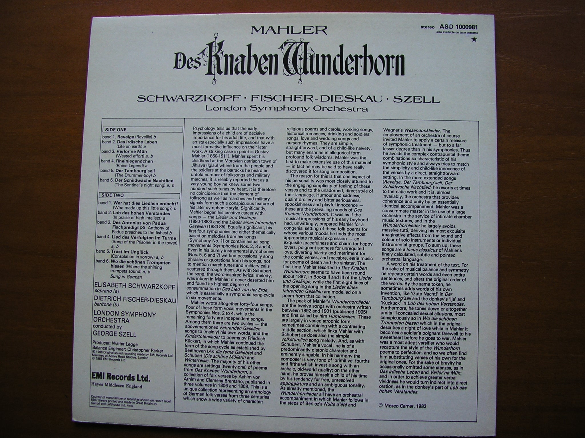 MAHLER: DES KNABEN WUNDERHORN     SCHWARZKOPF / FISCHER-DIESKAU / LONDON SYMPHONY / SZELL      ASD 1000981