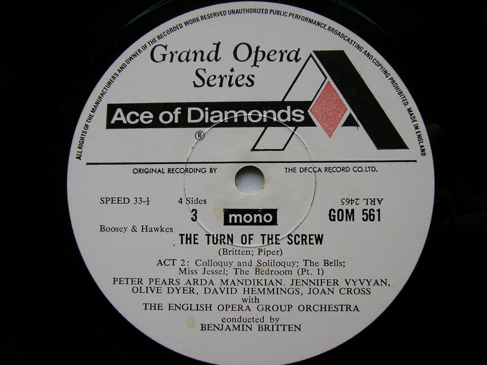 BRITTEN: THE TURN OF THE SCREW      SOLOISTS / ENGLISH OPERA GROUP ORCHESTRA / BRITTEN     2LP    GOM 560/1