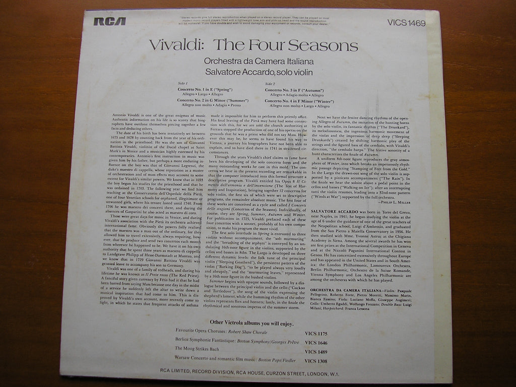 VIVALDI: THE FOUR SEASONS      ACCARDO / ITALIAN CHAMBER ORCHESTRA      VICS 1469