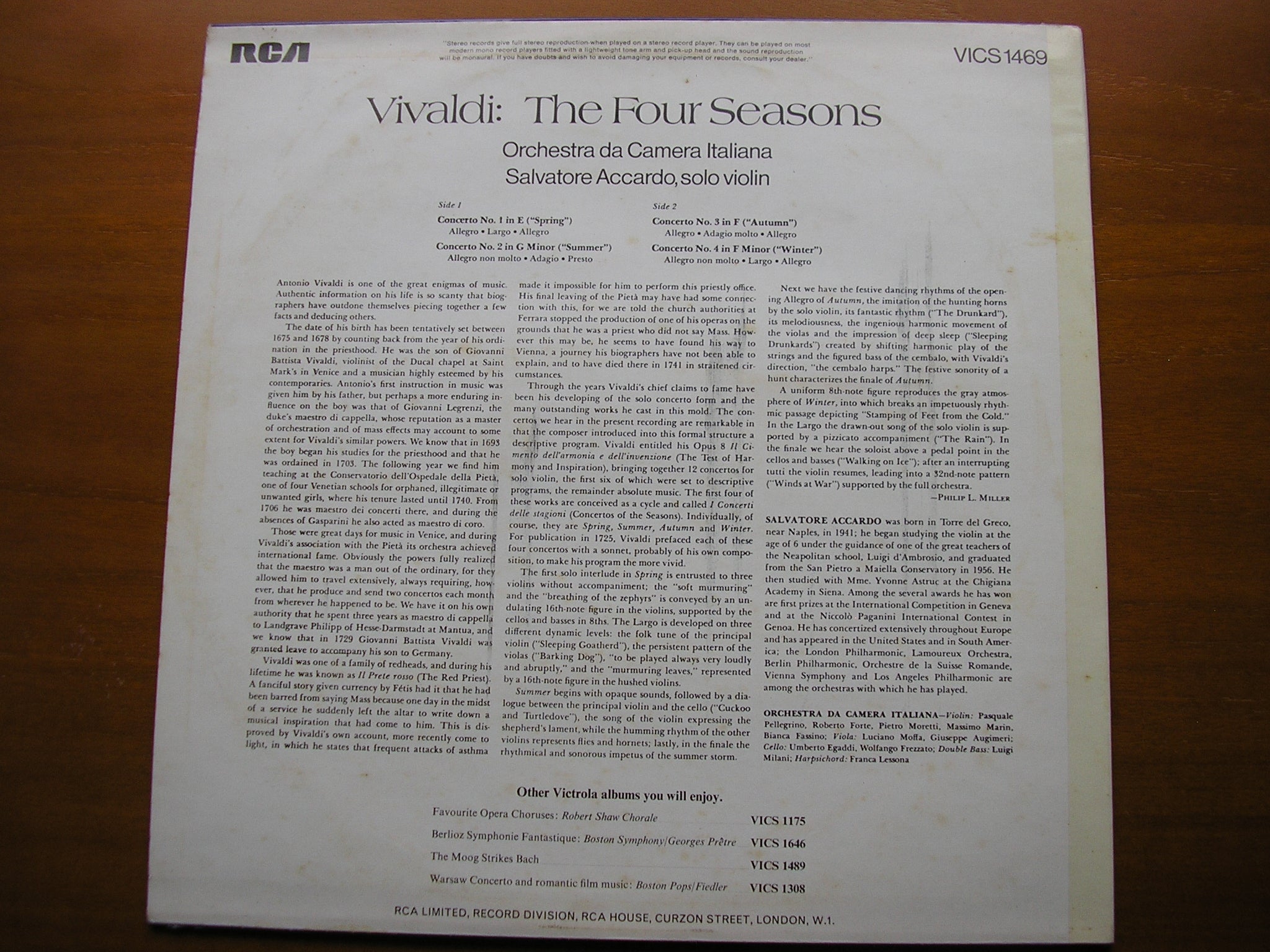 VIVALDI: THE FOUR SEASONS      ACCARDO / ITALIAN CHAMBER ORCHESTRA      VICS 1469