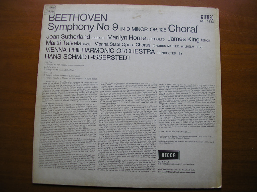 SXL 6233  BEETHOVEN: SYMPHONY No. 9  'Choral'     SOLOISTS / VIENNA PHILHARMONIC / SCHMIDT-ISSERSTEDT     ED1