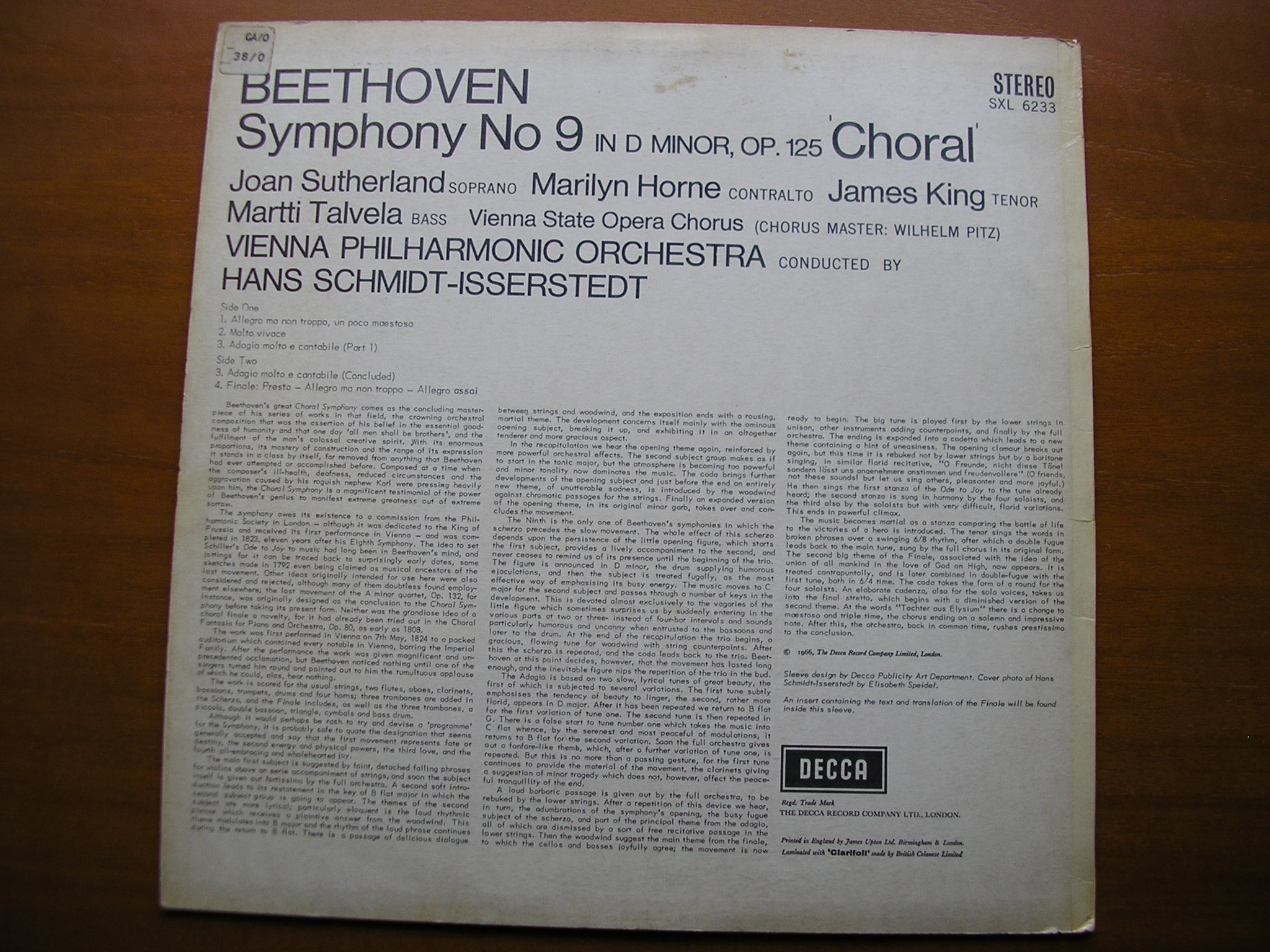 SXL 6233  BEETHOVEN: SYMPHONY No. 9  'Choral'     SOLOISTS / VIENNA PHILHARMONIC / SCHMIDT-ISSERSTEDT     ED1