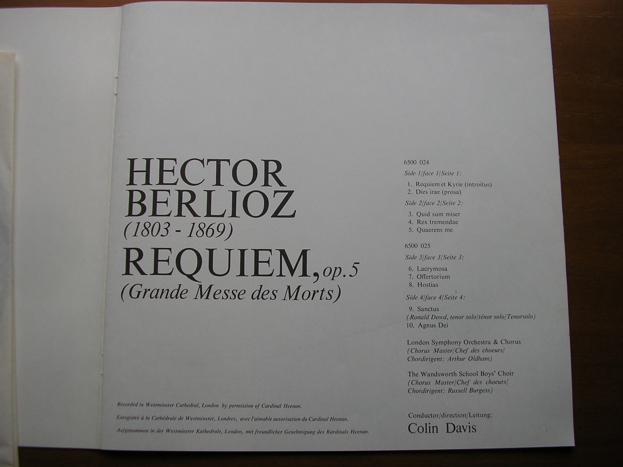 BERLIOZ: REQUIEM      DOWD / LONDON SYMPHONY ORCHESTRA & CHORUS / DAVIS     2LP      6700 019