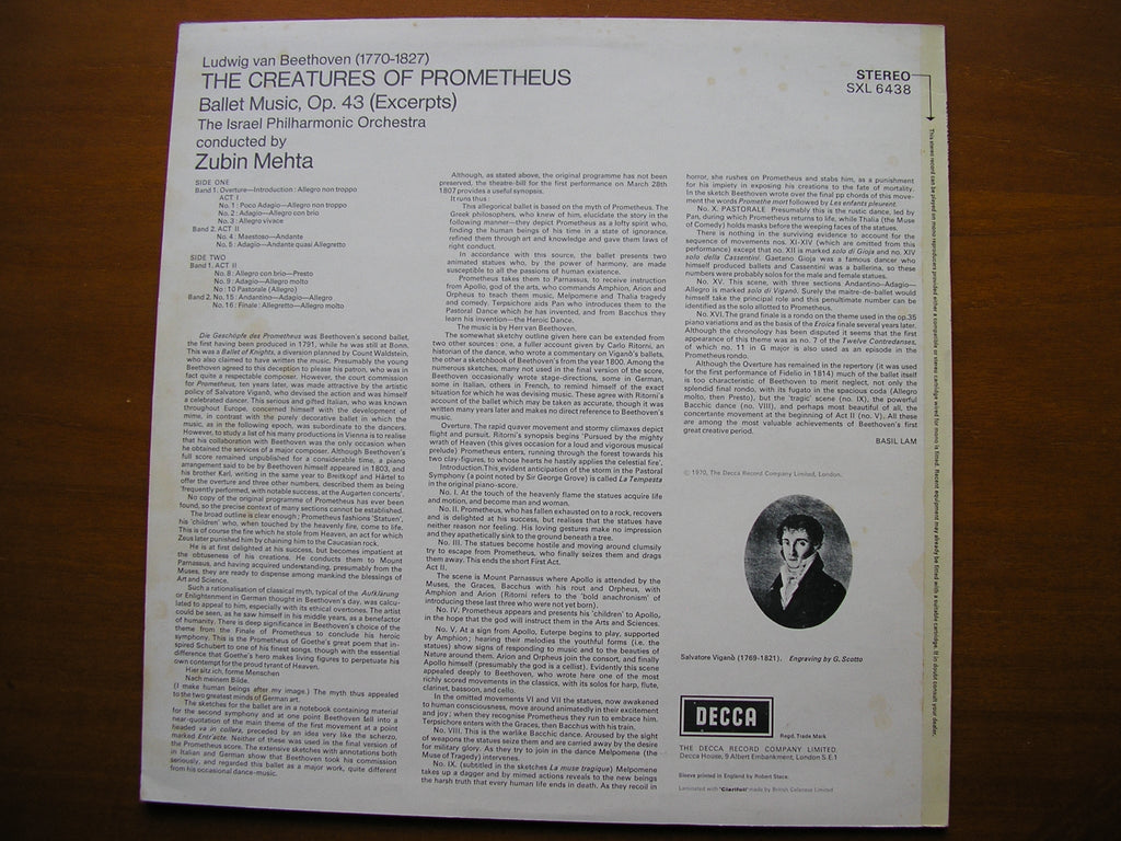 BEETHOVEN: THE CREATURES OF PROMETHEUS  ballet      MEHTA / ISRAEL PHILHARMONIC      SXL 6438