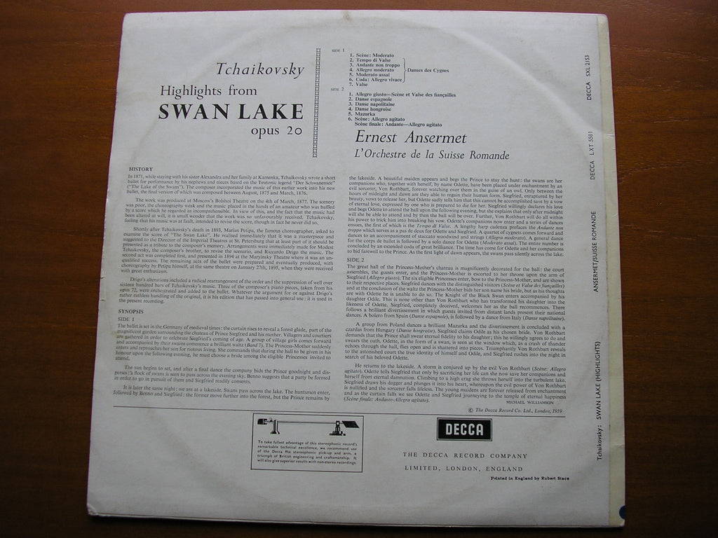 SXL 2153 TCHAIKOVSKY: SWAN LAKE highlights ANSERMET / SUISSE ROMANDE